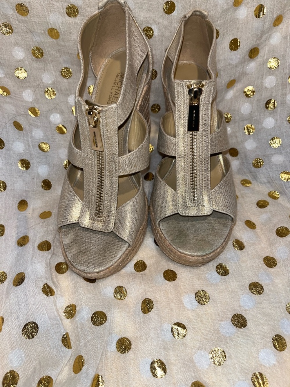 Michael Kors Metallic Gold Espadrille Wedge Sandals with Front Zip